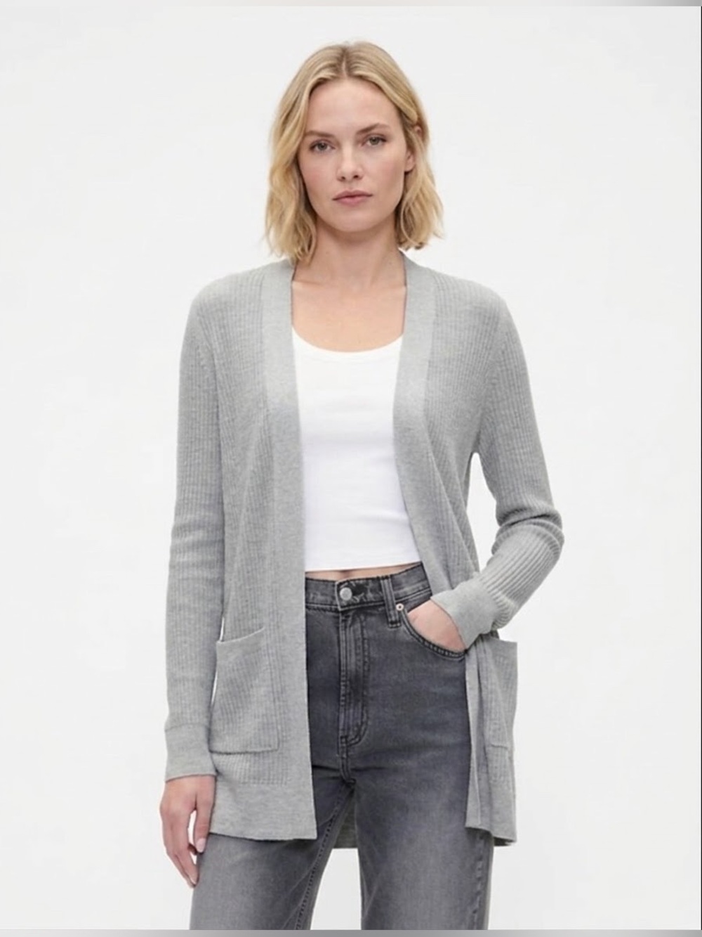 GAP Bella Ribbed Knit Heather Gray Open Front Cardigan
